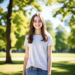 A teenage girl standing in a park, wearing casual clothes and smiling