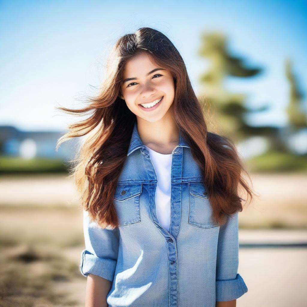 A teenage girl standing confidently with a bright smile, wearing casual clothes