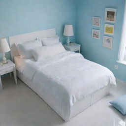 A close-up, birds-eye view of a pristine white bed with matching cushions in a girl's organized room, set in a Latin American locale, featuring a sky-blue wall and white tiled floor, with the main focus being the meticulously tidy white bed.