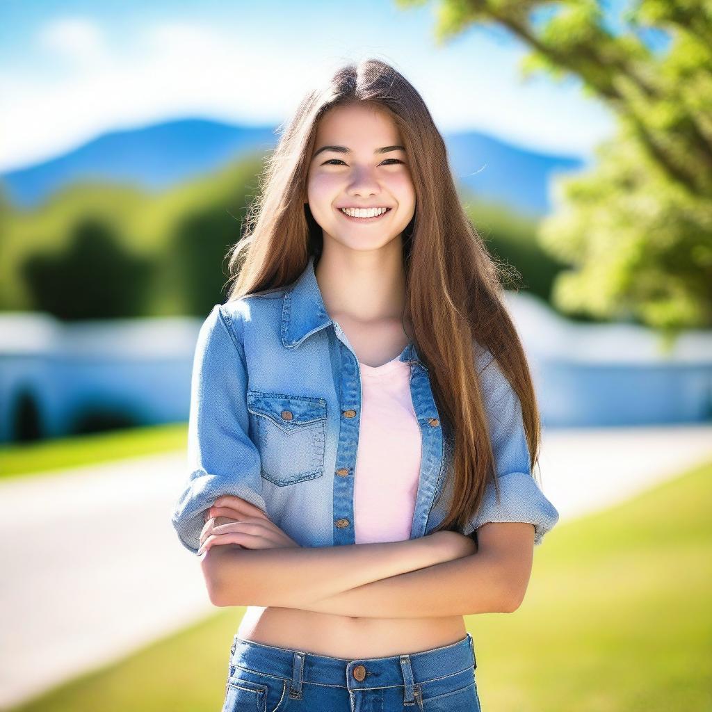 A teenage girl standing confidently with a bright smile, wearing casual clothes