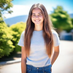 A teenage girl standing confidently with a bright smile, wearing casual clothes