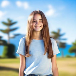 A teenage girl standing confidently with a bright smile, wearing casual clothes