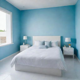 A close-up, aerial perspective of a beautifully neat white bed with matching cushions in a girl's room, located in a Latin American setting with a sky-blue wall and white tiled floor. The central focus being the aesthetically pleasing, immaculate white bed.