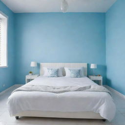 A close-up, aerial perspective of a beautifully neat white bed with matching cushions in a girl's room, located in a Latin American setting with a sky-blue wall and white tiled floor. The central focus being the aesthetically pleasing, immaculate white bed.
