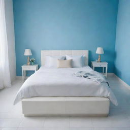 A close-up, aerial perspective of a beautifully neat white bed with matching cushions in a girl's room, located in a Latin American setting with a sky-blue wall and white tiled floor. The central focus being the aesthetically pleasing, immaculate white bed.