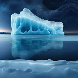 A surreal image of an iceberg with intricate circuits and electronic components integrated into its icy surface