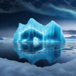 A surreal image of an iceberg with intricate circuits and electronic components integrated into its icy surface