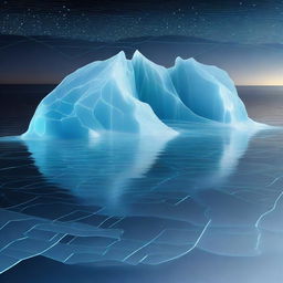 A surreal image of an iceberg with intricate circuits and electronic components integrated into its icy surface