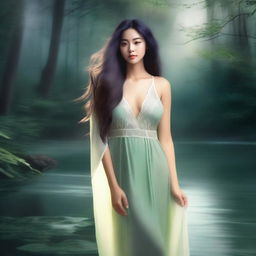 Create an image of a woman with long hair wearing a nighty