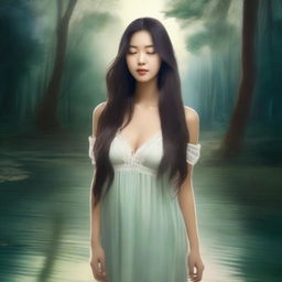 Create an image of a woman with long hair wearing a nighty