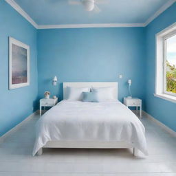 A close-up, aerial perspective of a beautifully neat white bed with matching cushions in a girl's room, located in a Latin American setting with a sky-blue wall and white tiled floor. The central focus being the aesthetically pleasing, immaculate white bed.