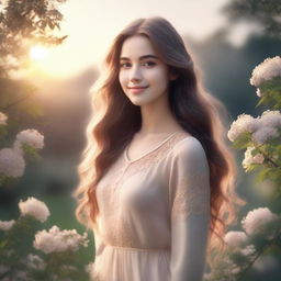 A beautiful girl with flowing hair standing in a serene landscape, surrounded by flowers and trees