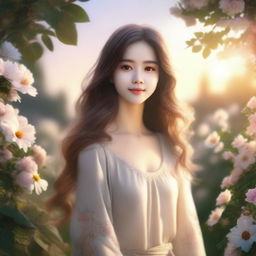 A beautiful girl with flowing hair standing in a serene landscape, surrounded by flowers and trees