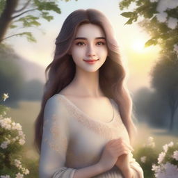 A beautiful girl with flowing hair standing in a serene landscape, surrounded by flowers and trees