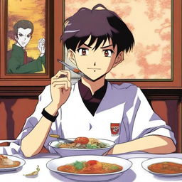 An anime-style illustration of Shinji Ikari from Neon Genesis Evangelion, enjoying a dish of badimcan sirdagi from Lankaran cuisine