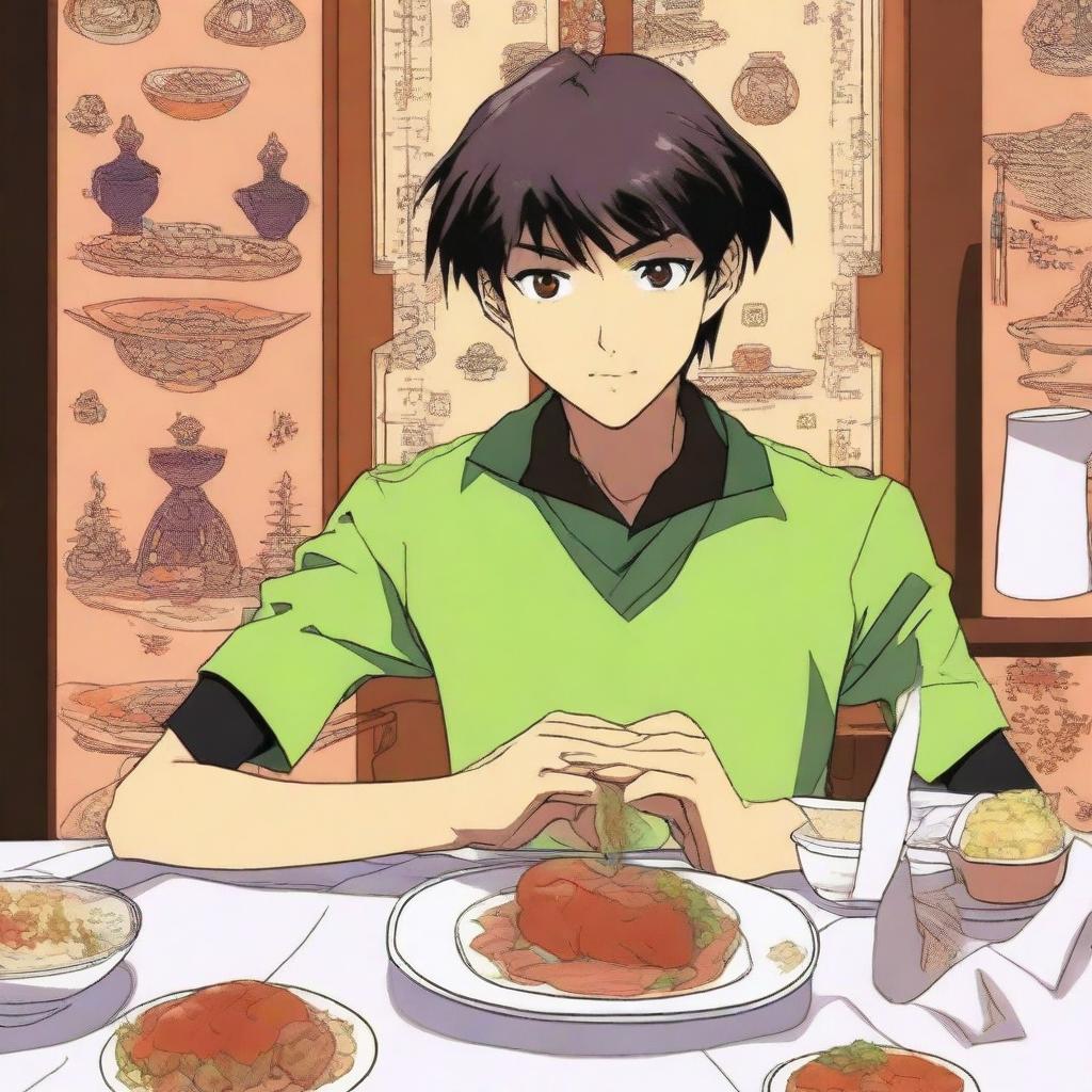 An anime-style illustration of Shinji Ikari from Neon Genesis Evangelion, enjoying a dish of badimcan sirdagi from Lankaran cuisine