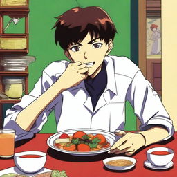 An anime-style illustration of Shinji Ikari from Neon Genesis Evangelion, enjoying a dish of badimcan sirdagi from Lankaran cuisine