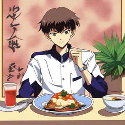 An anime-style illustration of Shinji Ikari from Neon Genesis Evangelion, enjoying a dish of badimcan sirdagi from Lankaran cuisine