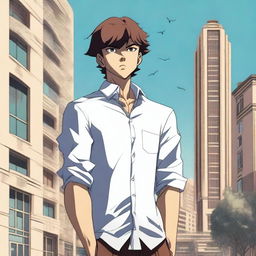 An anime-style illustration of a boy from the Baki series, standing in the city of Baku