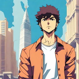 An anime-style illustration of a boy from the Baki series, standing in the city of Baku