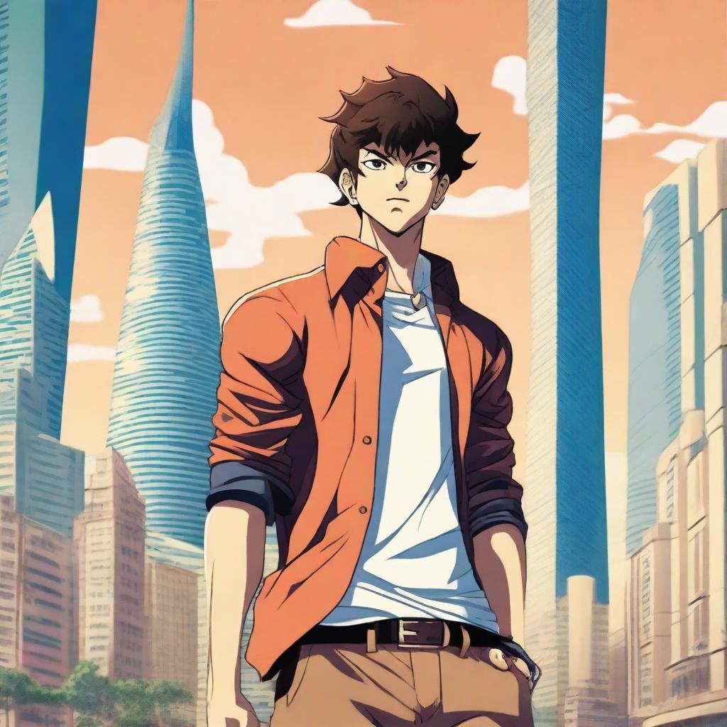 An anime-style illustration of a boy from the Baki series, standing in the city of Baku