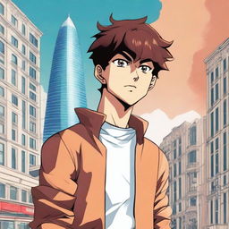 An anime-style illustration of a boy from the Baki series, standing in the city of Baku