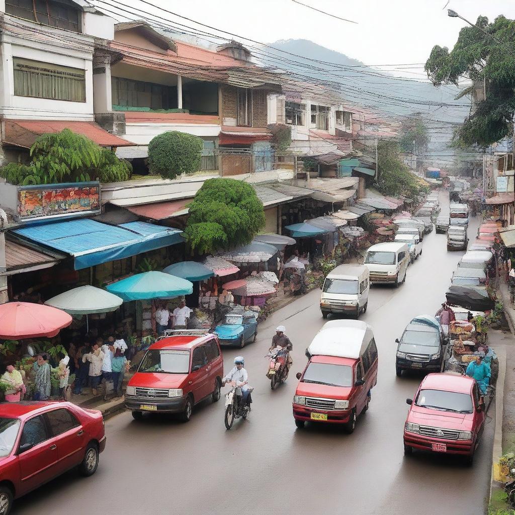 A bustling street scene in the city of Bandung, Indonesia