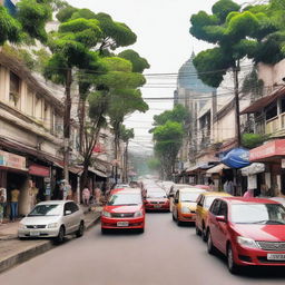 A bustling street scene in the city of Bandung, Indonesia