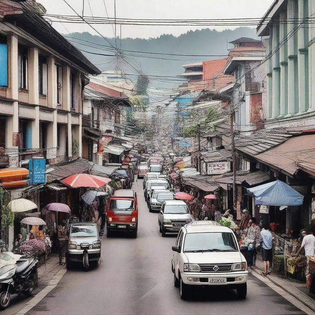 A bustling street scene in the city of Bandung, Indonesia