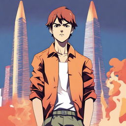 An anime-style illustration of a boy from the Baki series, standing confidently in front of the Flame Towers in Baku