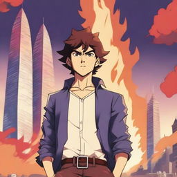 An anime-style illustration of a boy from the Baki series, standing confidently in front of the Flame Towers in Baku