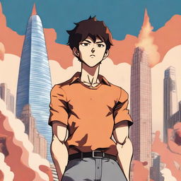 An anime-style illustration of a boy from the Baki series, standing confidently in front of the Flame Towers in Baku