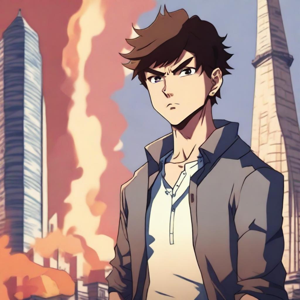 An anime-style illustration of a boy from the Baki series, standing confidently in front of the Flame Towers in Baku