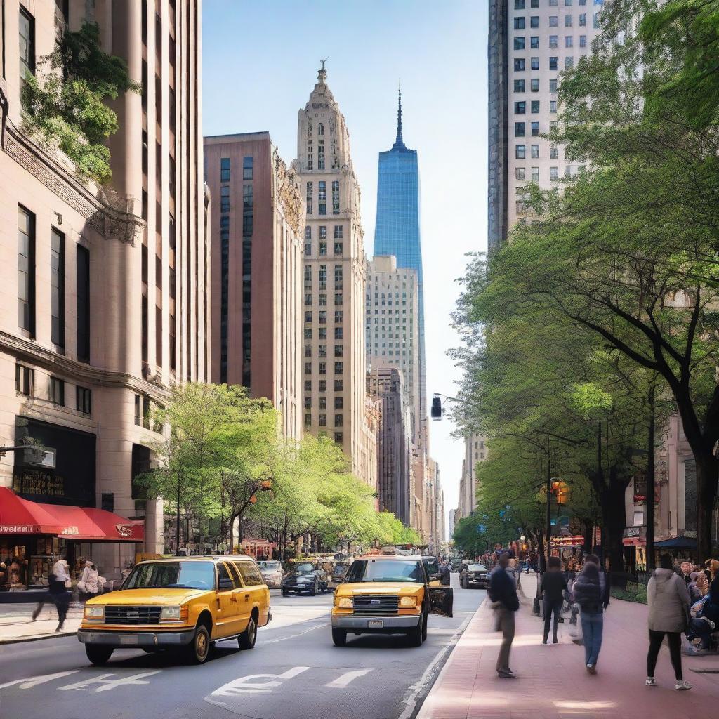 A bustling metropolitan street filled with people, cars, and tall buildings