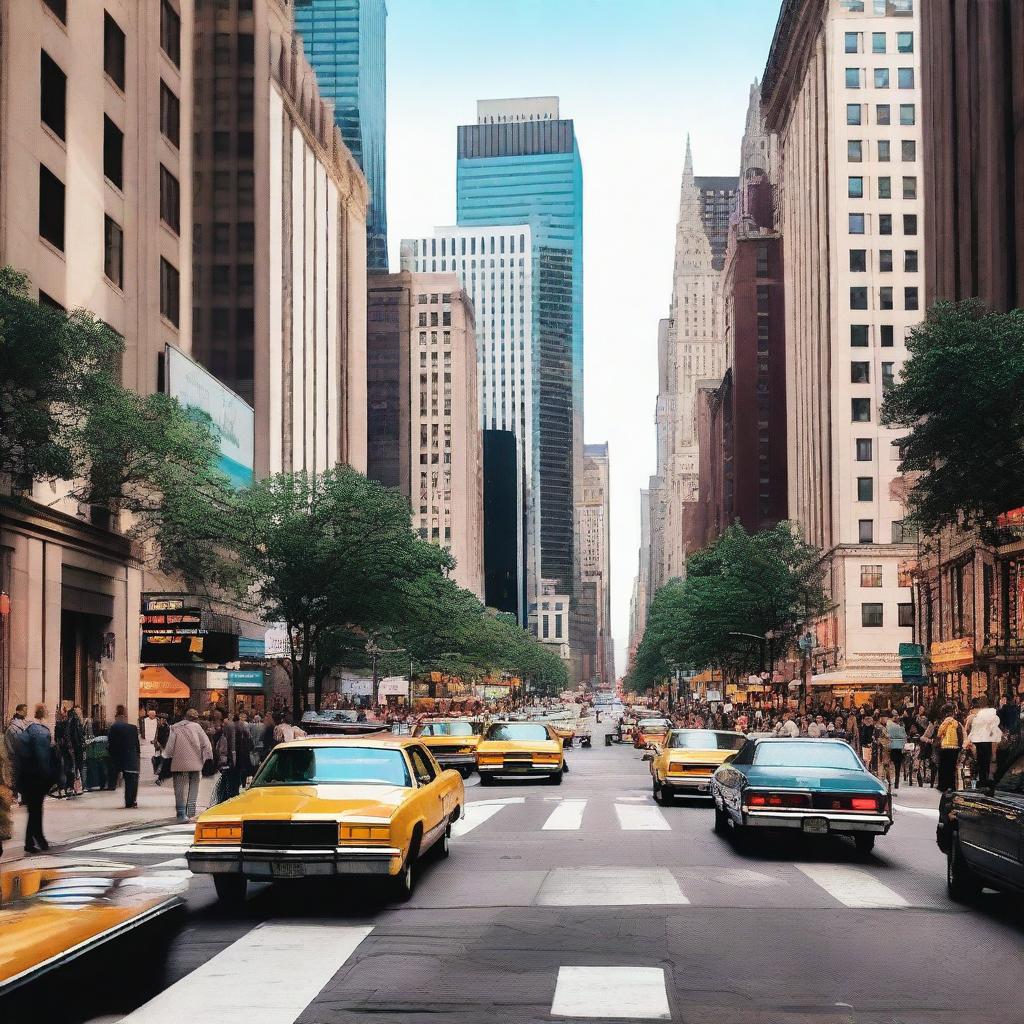 A bustling metropolitan street filled with people, cars, and tall buildings