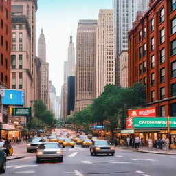 A bustling metropolitan street filled with people, cars, and tall buildings