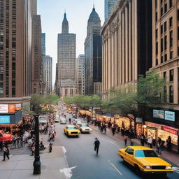 A bustling metropolitan street filled with people, cars, and tall buildings