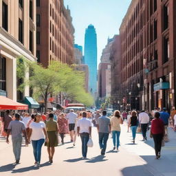 A bustling city street with people walking, shops lining the sidewalks, and cars driving by