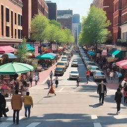 A bustling city street with people walking, shops lining the sidewalks, and cars driving by