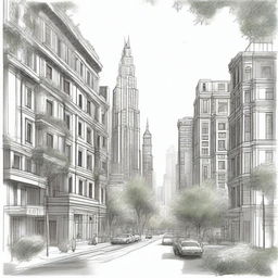 A detailed sketch of a beautiful city with tall buildings, lush green parks, bustling streets, and clear skies