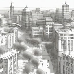 A detailed sketch of a beautiful city with tall buildings, lush green parks, bustling streets, and clear skies