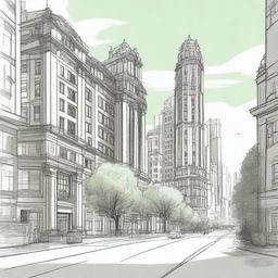 A detailed sketch of a beautiful city with tall buildings, lush green parks, bustling streets, and clear skies