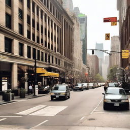 A bustling city street complete with various traffic signs, streetlights, and vehicles