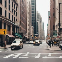 A bustling city street complete with various traffic signs, streetlights, and vehicles