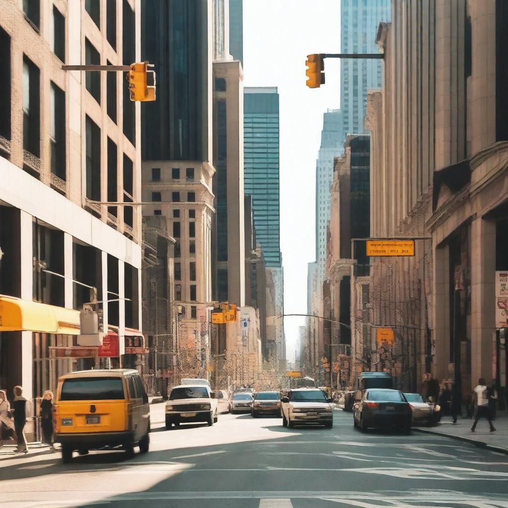 A bustling city street complete with various traffic signs, streetlights, and vehicles