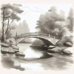 A detailed sketch of a bridge spanning a river, with water flowing gently below