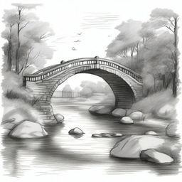 A detailed sketch of a bridge spanning a river, with water flowing gently below