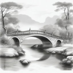 A detailed sketch of a bridge spanning a river, with water flowing gently below