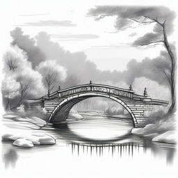 A detailed sketch of a bridge spanning a river, with water flowing gently below