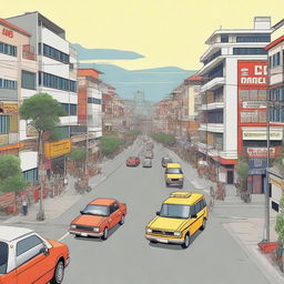 A detailed street scene of Bandung city, complete with traffic signs